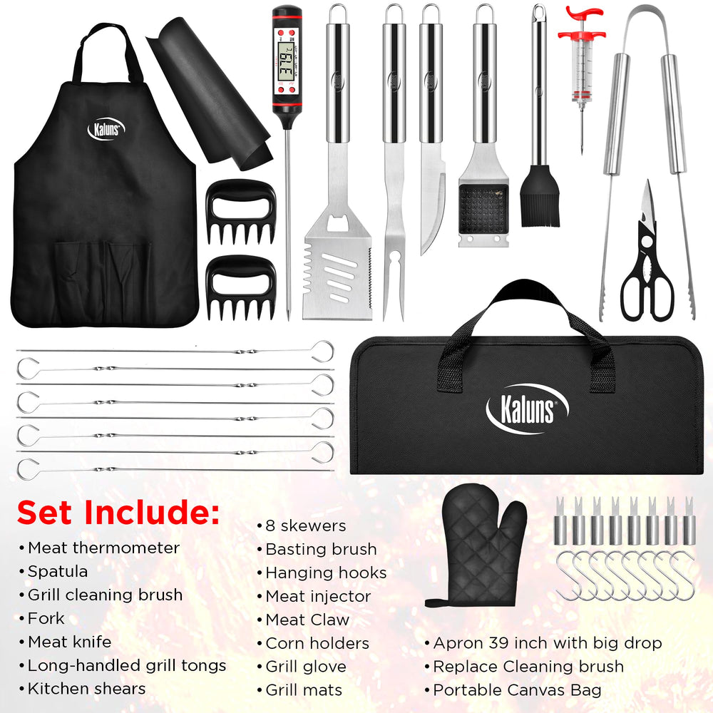 Kaluns grill glove and apron displayed offering protection and convenient pockets