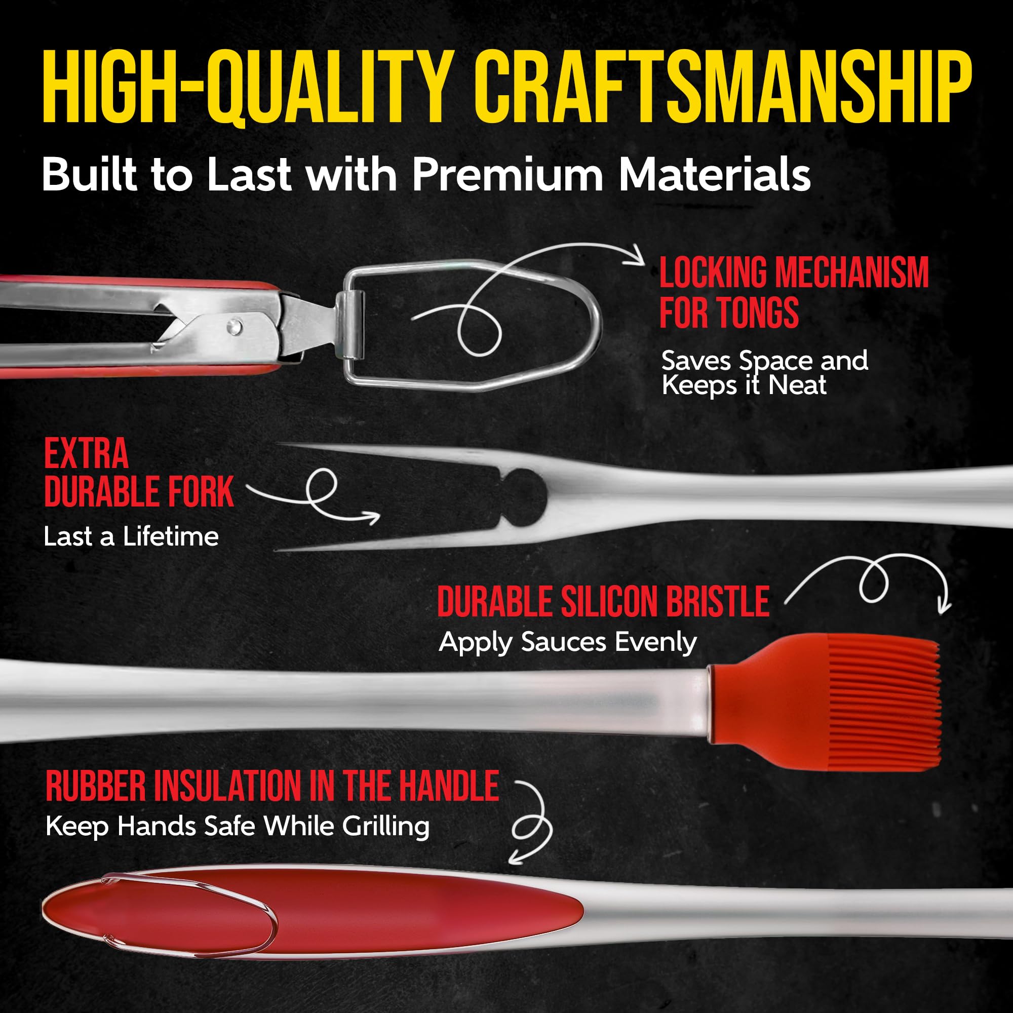kaluns tool set in hand for scale showing long handles that protect from grill heat