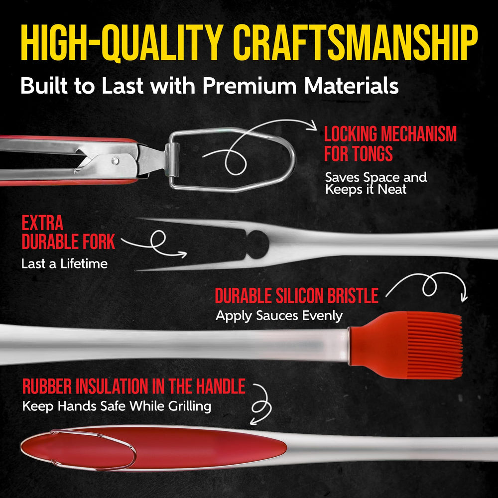 kaluns tool set in hand for scale showing long handles that protect from grill heat