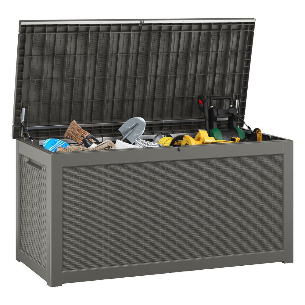 KAMABOKO front view of grey deck box showing capacity and curb appeal