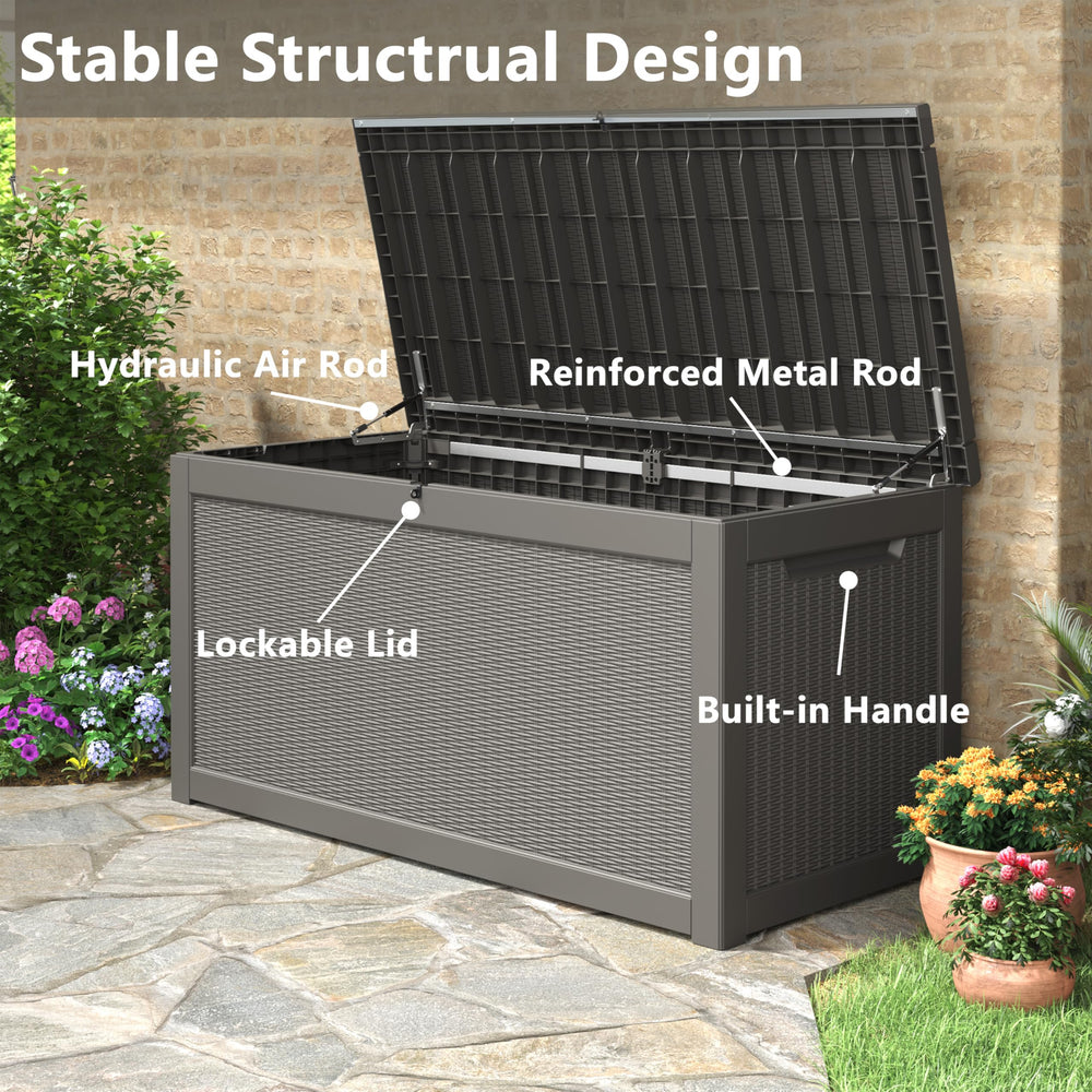 KAMABOKO deck box used to store patio cushions in a styled backyard setting