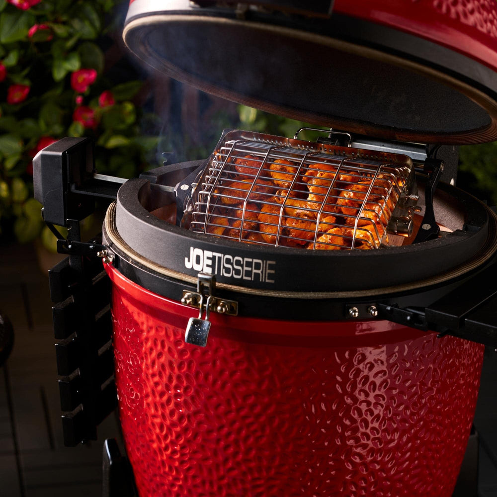 Kamado Joe baskets installed on JoeTisserie showing hands-free rotisserie benefit