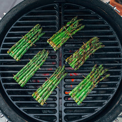 Kamado Joe close-up of cast-iron grate bars highlighting heat-retention surface for better sears