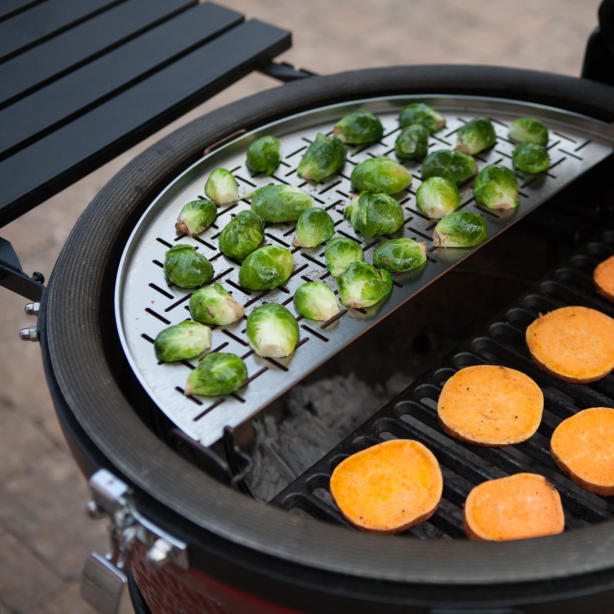 Kamado Joe flexible rack in use stacked tiers for multi-surface cooking and space saving