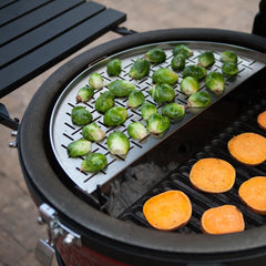 Kamado Joe flexible rack in use stacked tiers for multi-surface cooking and space saving