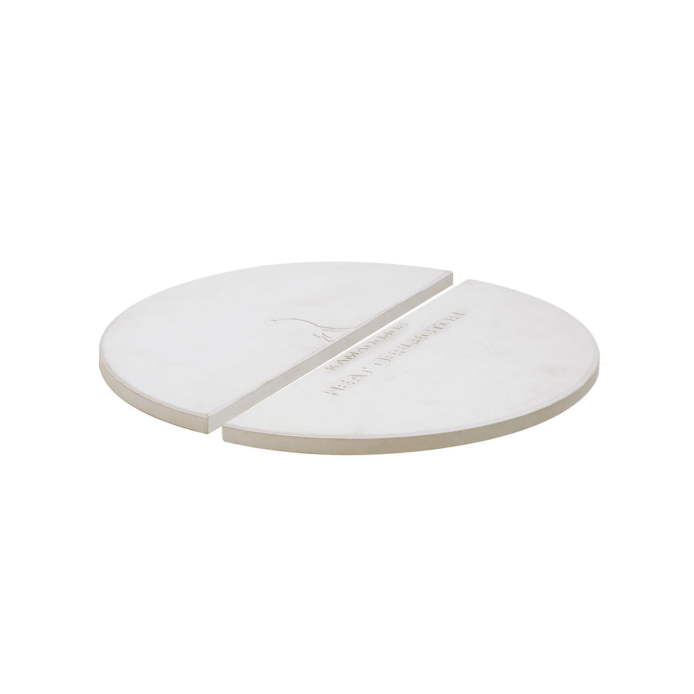 Kamado Joe front view of two half-moon ceramic plates showing fit and benefit