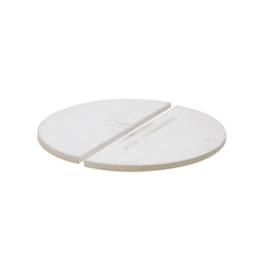 Kamado Joe front view of two half-moon ceramic plates showing fit and benefit