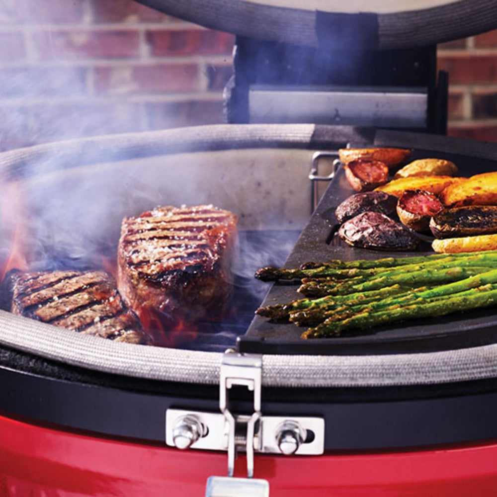 Kamado Joe expander beside ruler for scale showing extra 60 percent cooking surface benefit