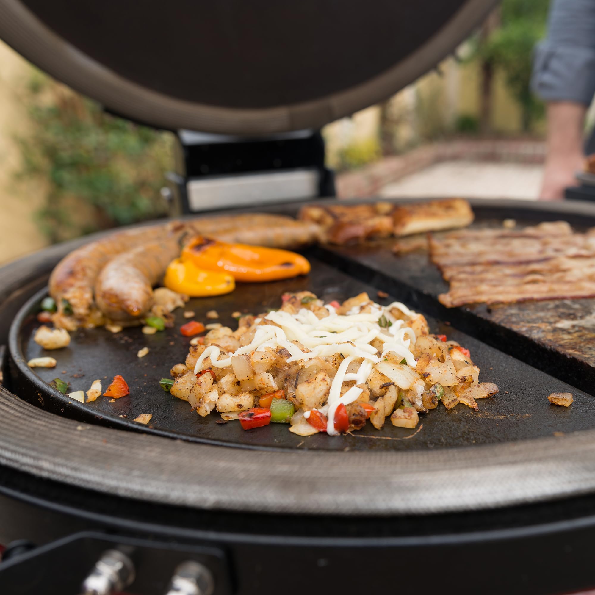 Kamado Joe griddle cooking pancakes showing even browning benefit