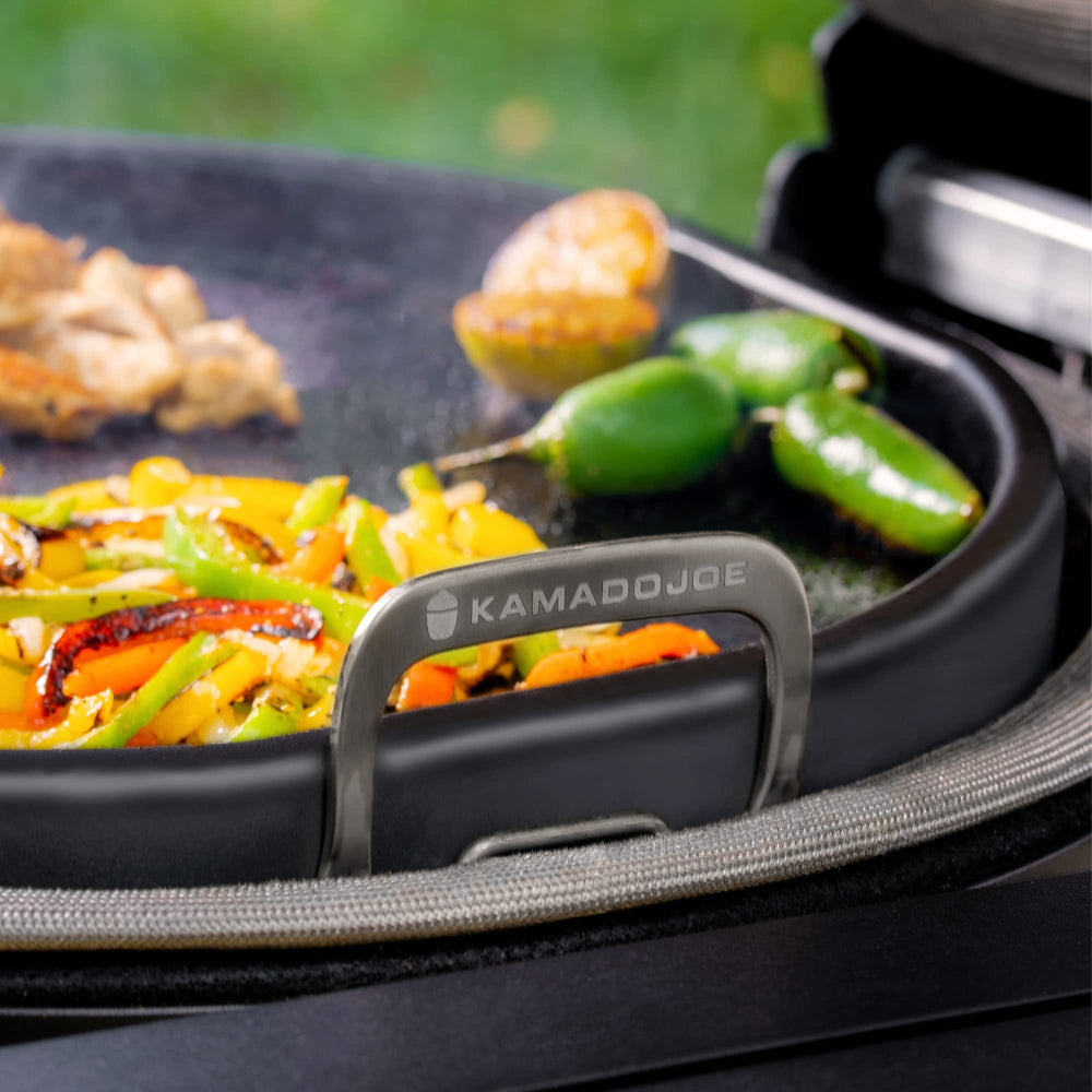 Kamado Joe griddle installed in Big Joe showing full coverage cooking