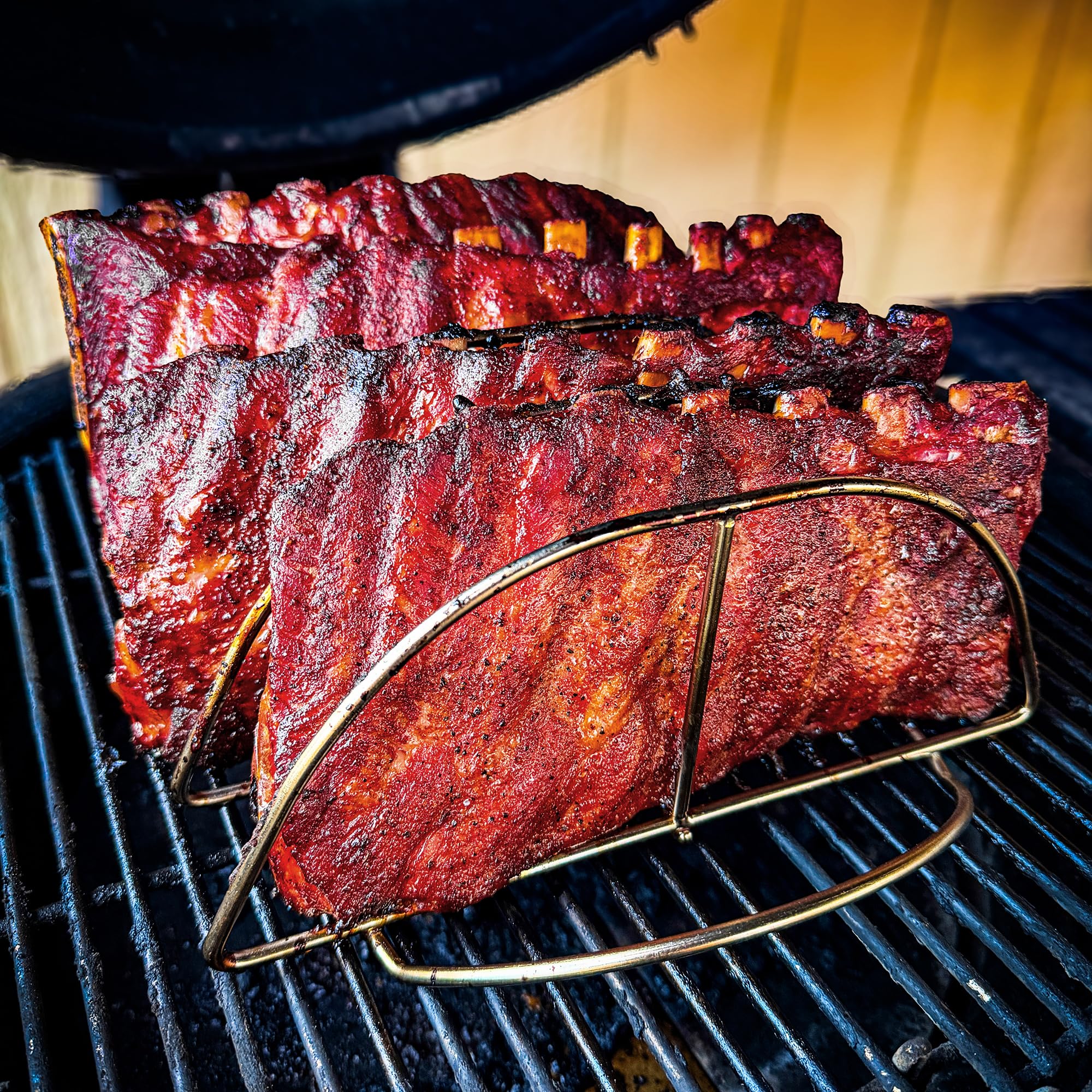 Kamado Joe rib rack close-up of stainless steel finish for durability and easy clean