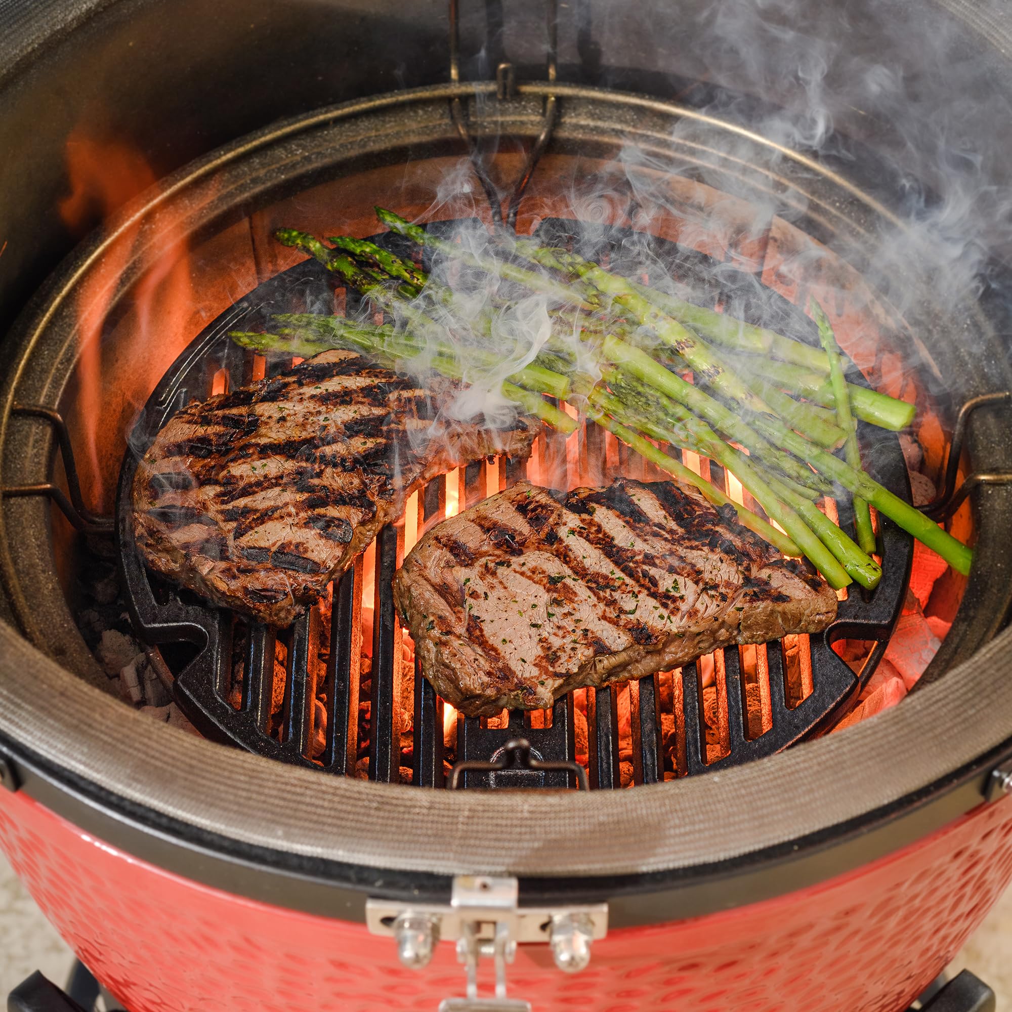 Kamado Joe grate beside lifter for scale showing safe handling and correct fit