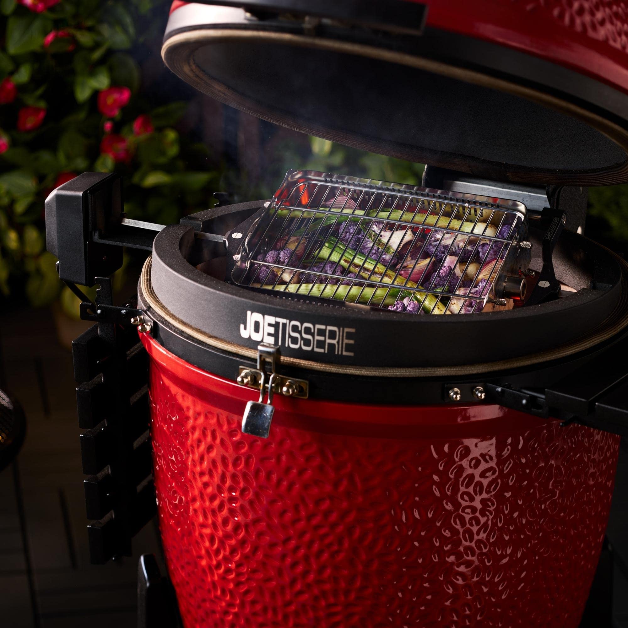 Kamado Joe tumbler basket side detail demonstrating secure tumbling benefit