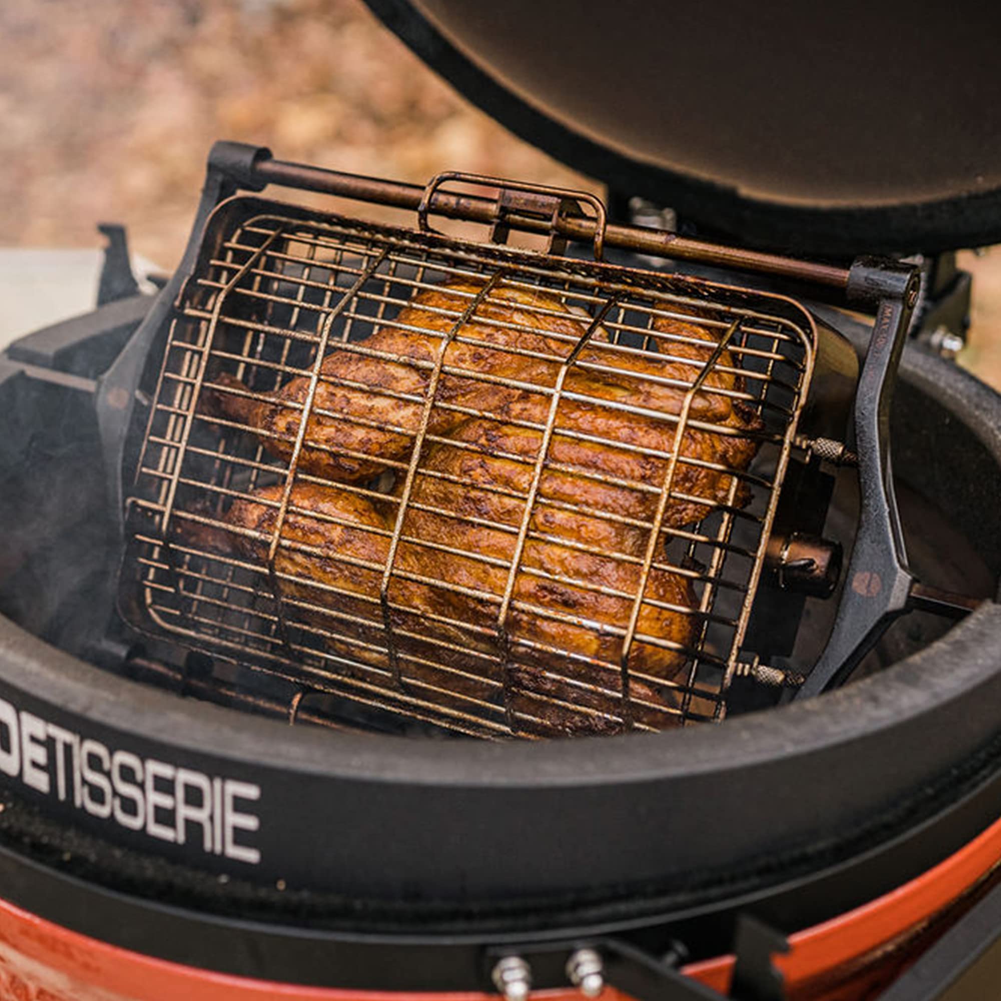 Kamado Joe tumbler basket with wings and fries showing consistent crisping benefit