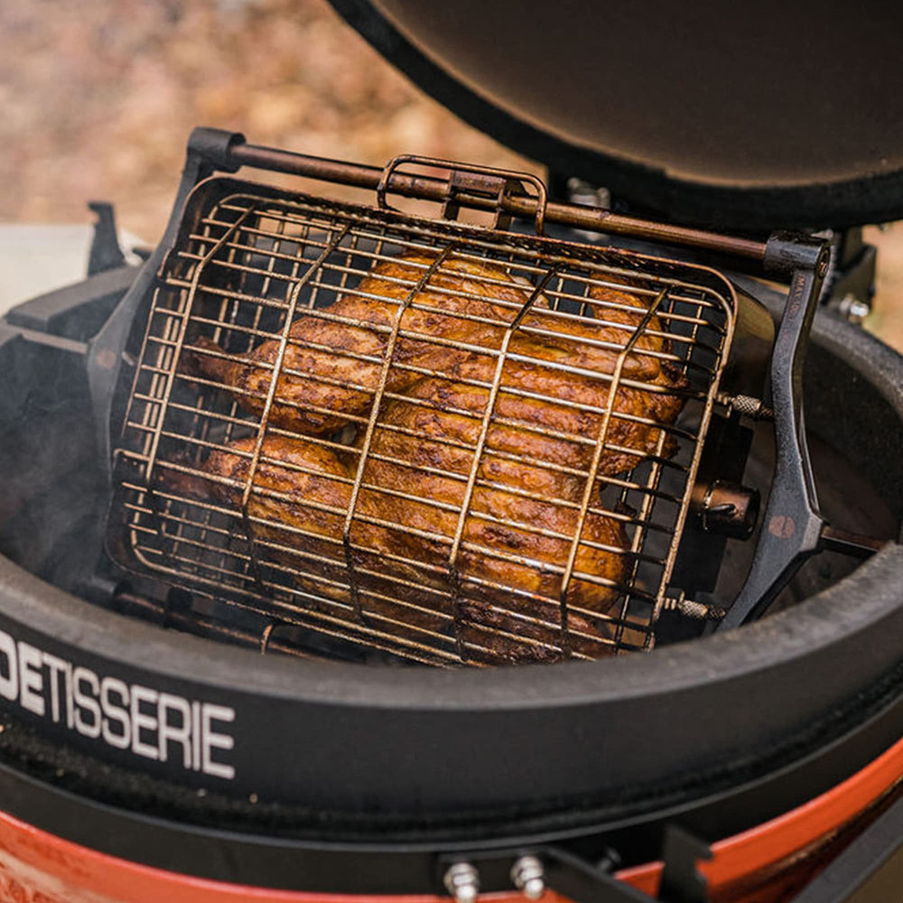 Kamado Joe tumbler basket with wings and fries showing consistent crisping benefit