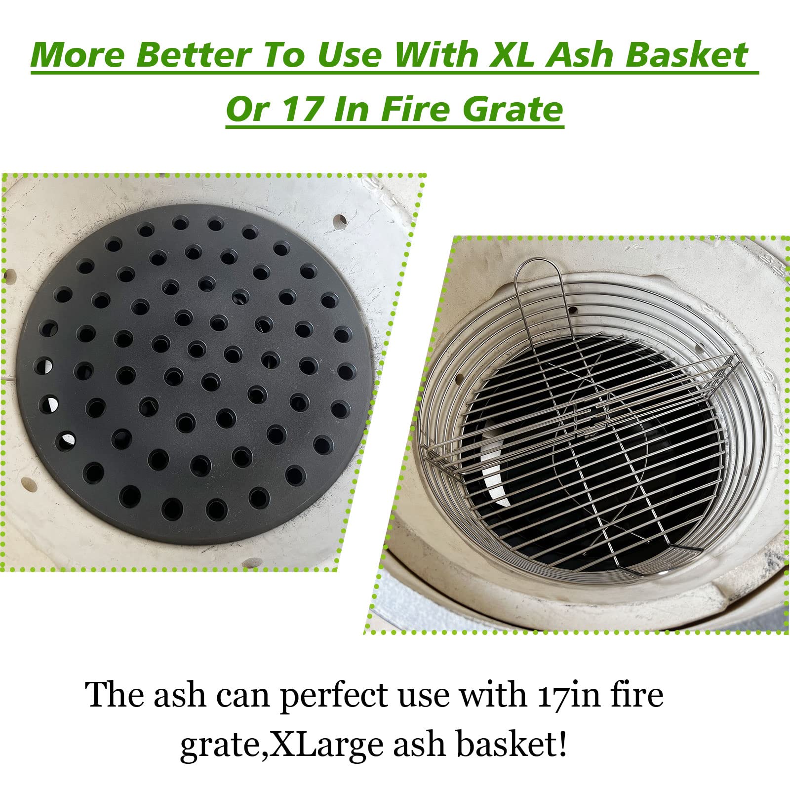 KAMaster ash can sitting inside an XL Big Green Egg firebox for tidy cleanup
