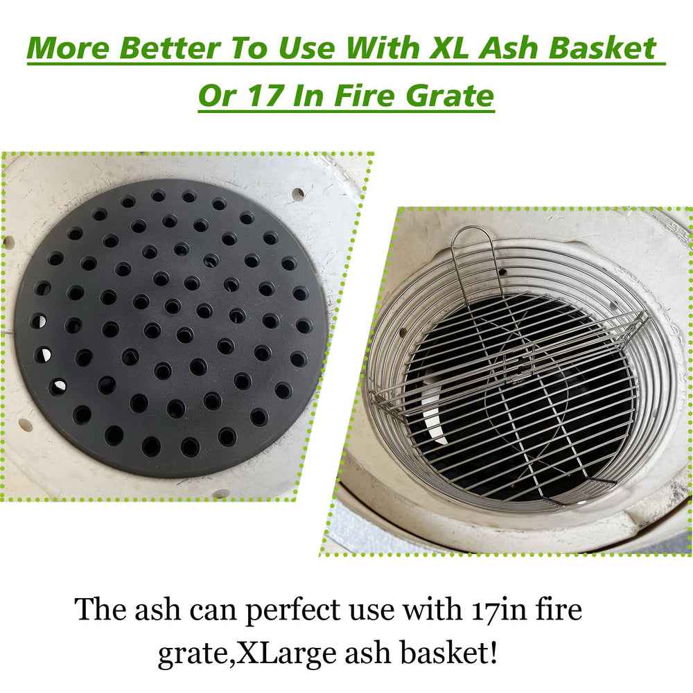 KAMaster ash can sitting inside an XL Big Green Egg firebox for tidy cleanup