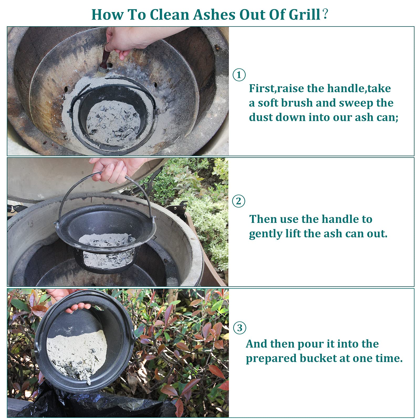 KAMaster ash can being lifted from charcoal well showing hands-free ash handling benefit