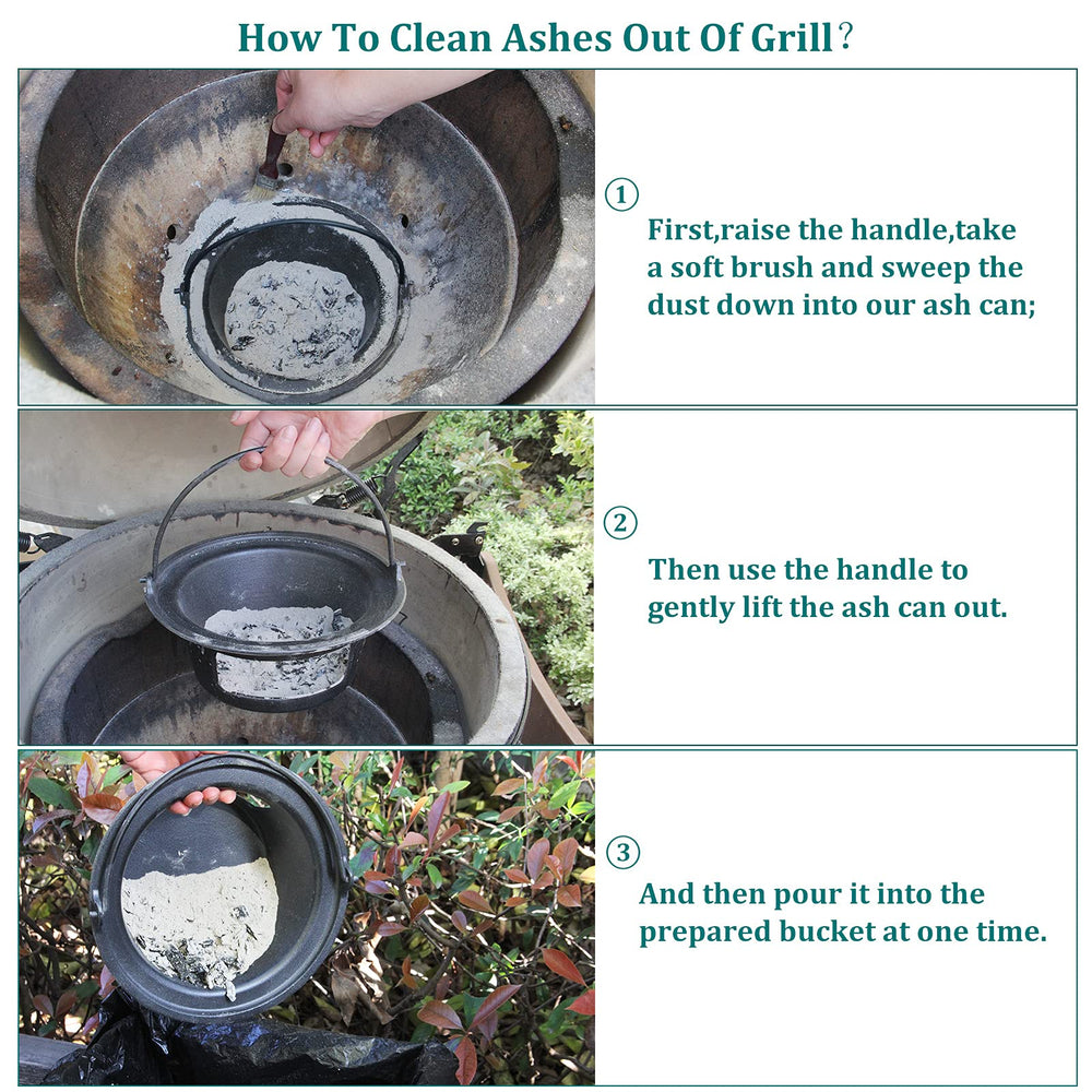 KAMaster ash can being lifted from charcoal well showing hands-free ash handling benefit