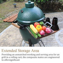 KAMaster shelves mounted on Big Green Egg cart showing added prep area benefit
