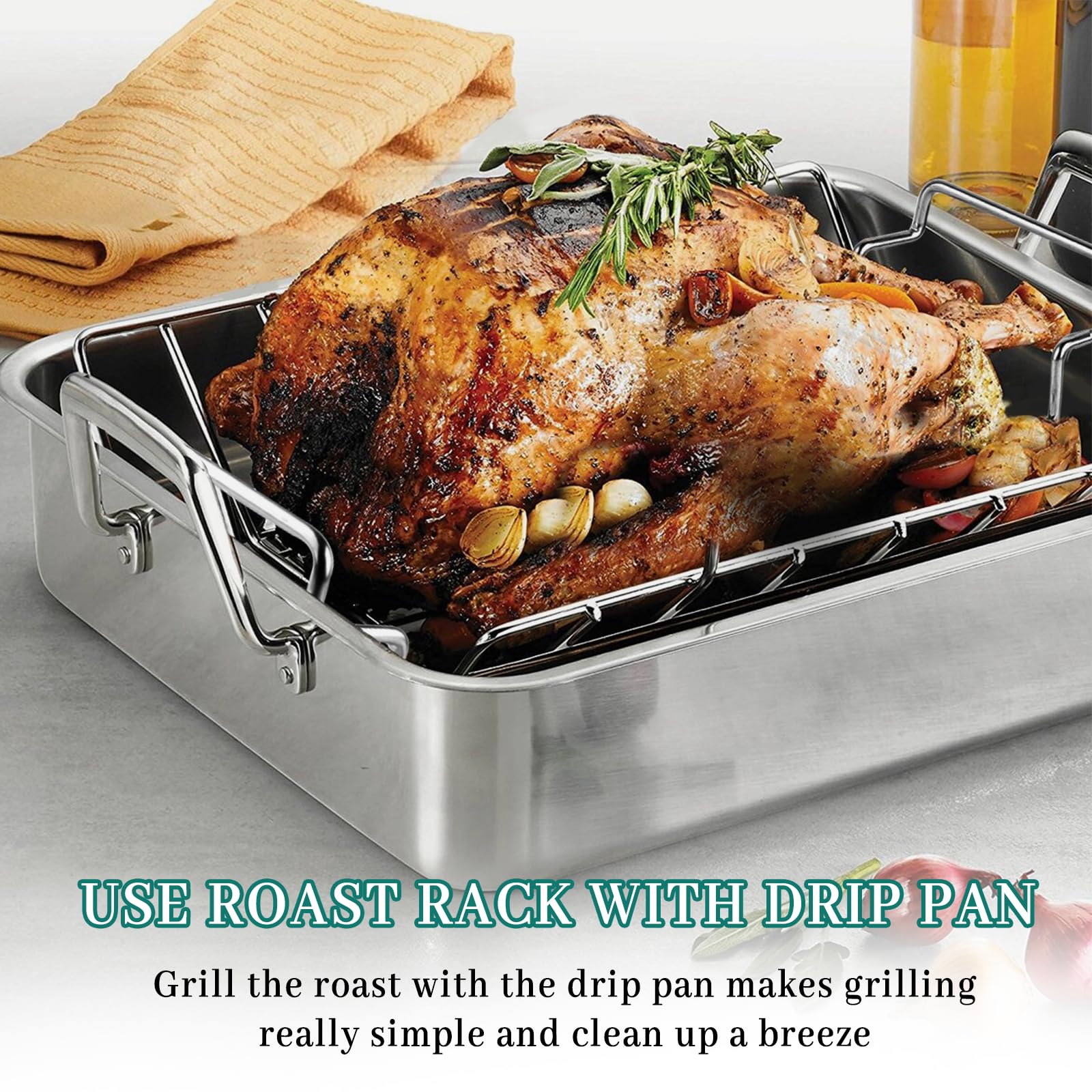 KAMaster supporting a whole roasted turkey elevated for even browning benefit