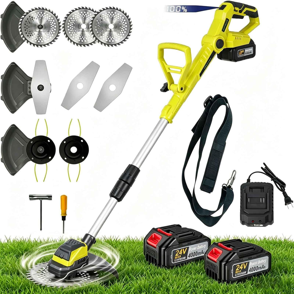 KAMIERTE front view of cordless weed wacker showing compact body and handle, highlights portability