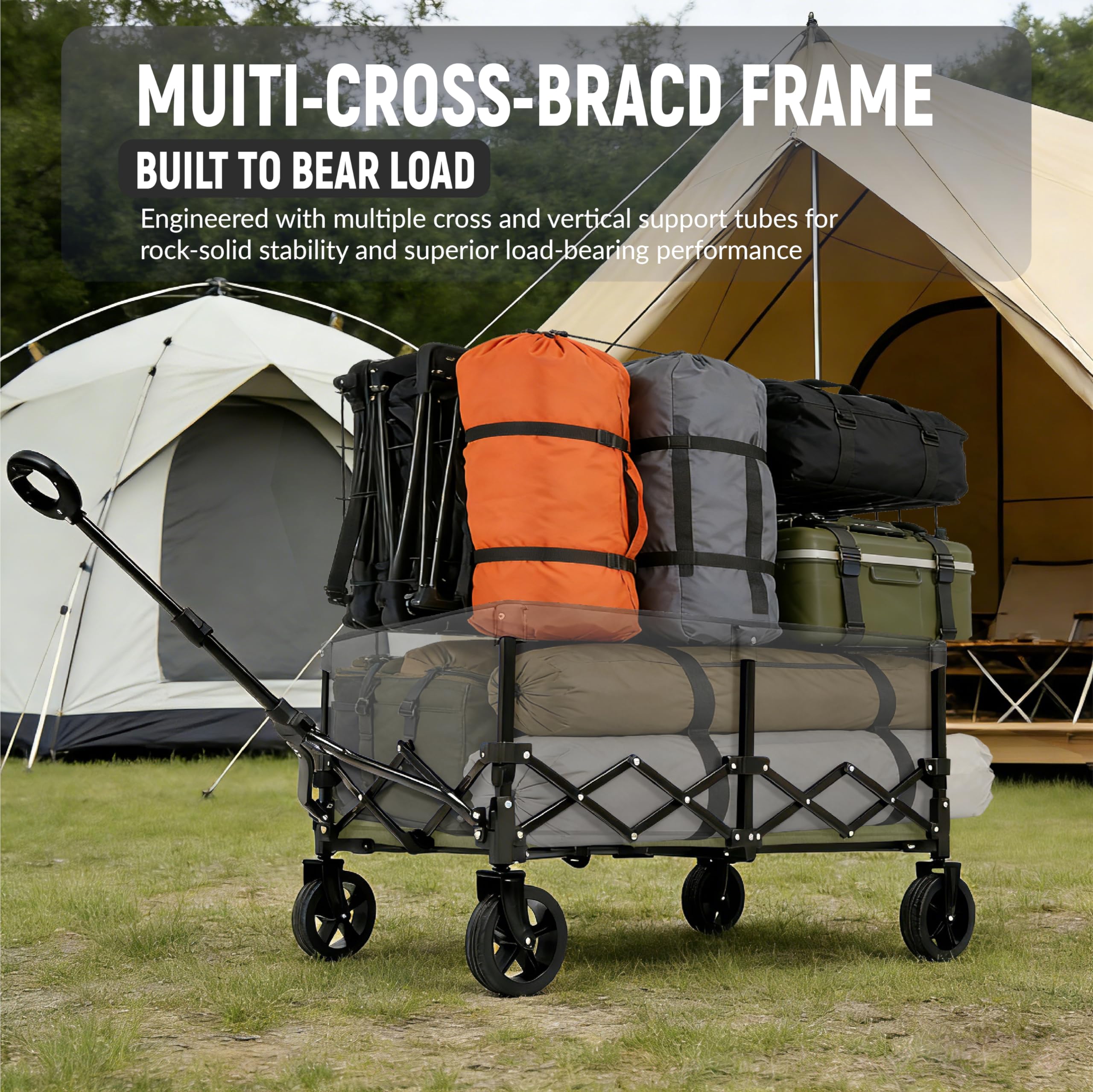 KAMPGATHR lifestyle scene at campsite showing stability and all-terrain performance