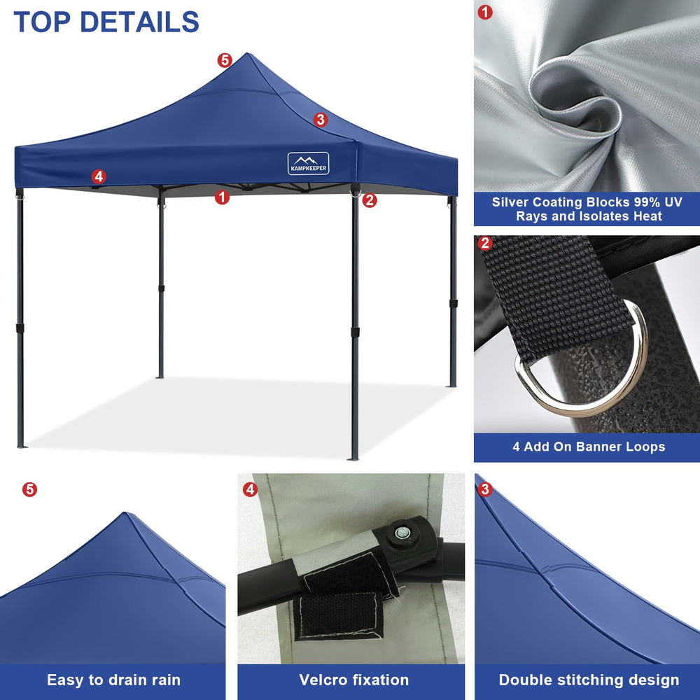 KAMPKEEPER canopy top size comparison with chair showing true 10x10 scale and fit