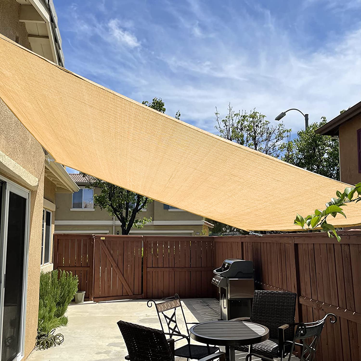 KANAGAWA front view of 20x26 sand shade sail showcasing full coverage benefit