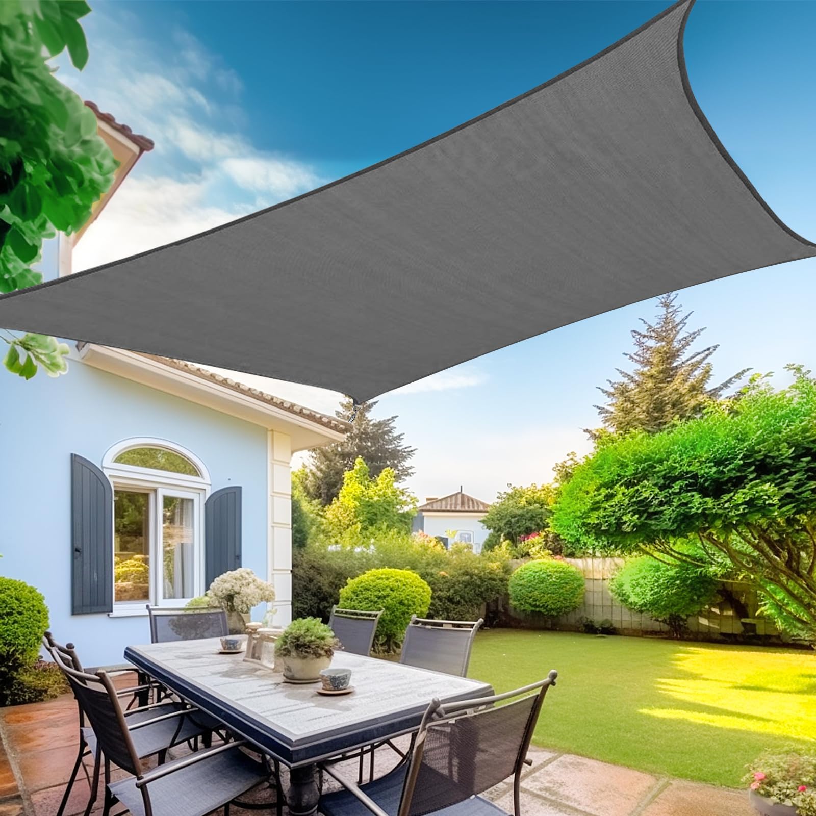 KANAGAWA front view dark gray shade sail showing full canopy and coverage benefit