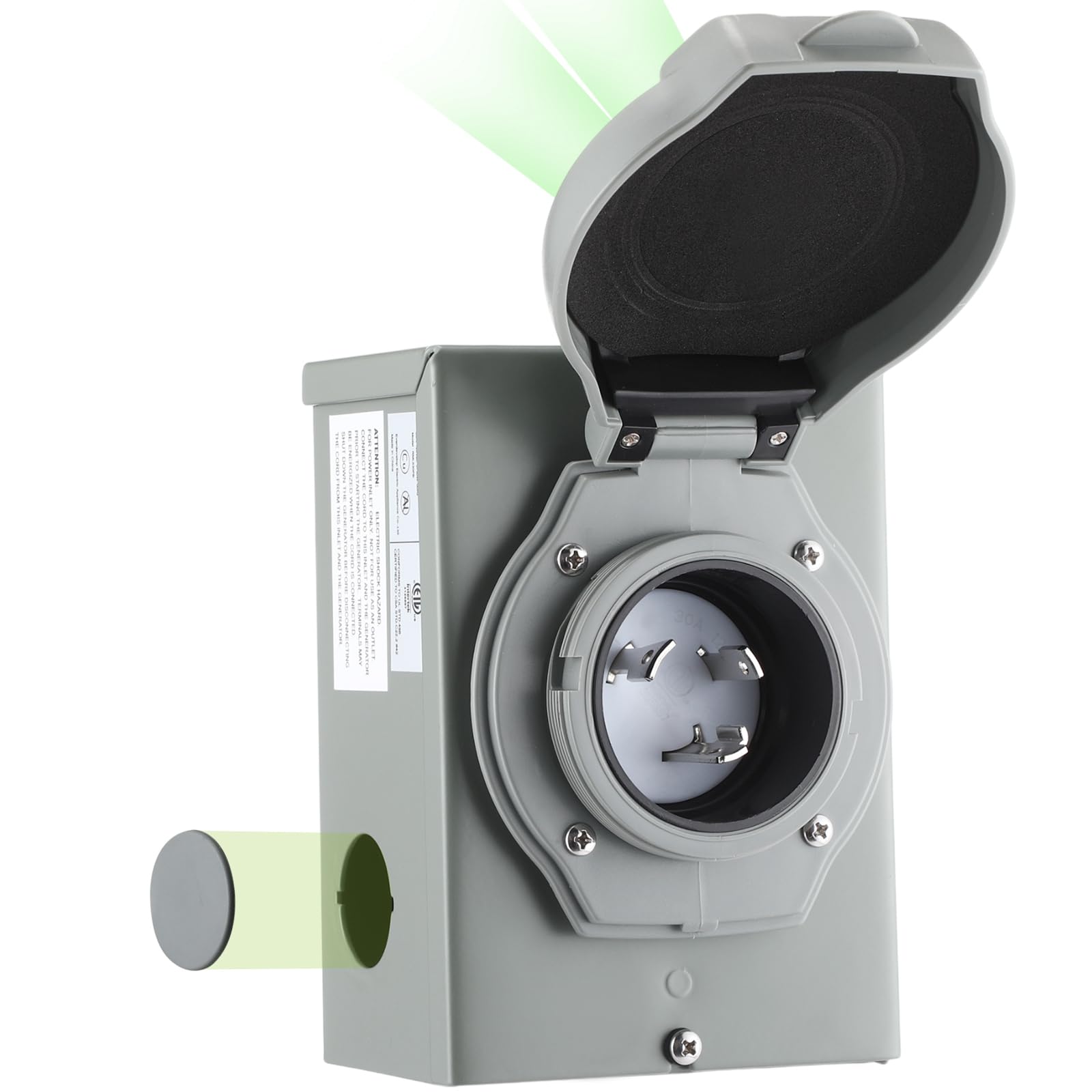Kanayu front view inlet box showing weatherproof housing and easy access benefit