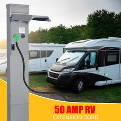 Kanayu cable plugged between generator and RV demonstrating reliable power delivery
