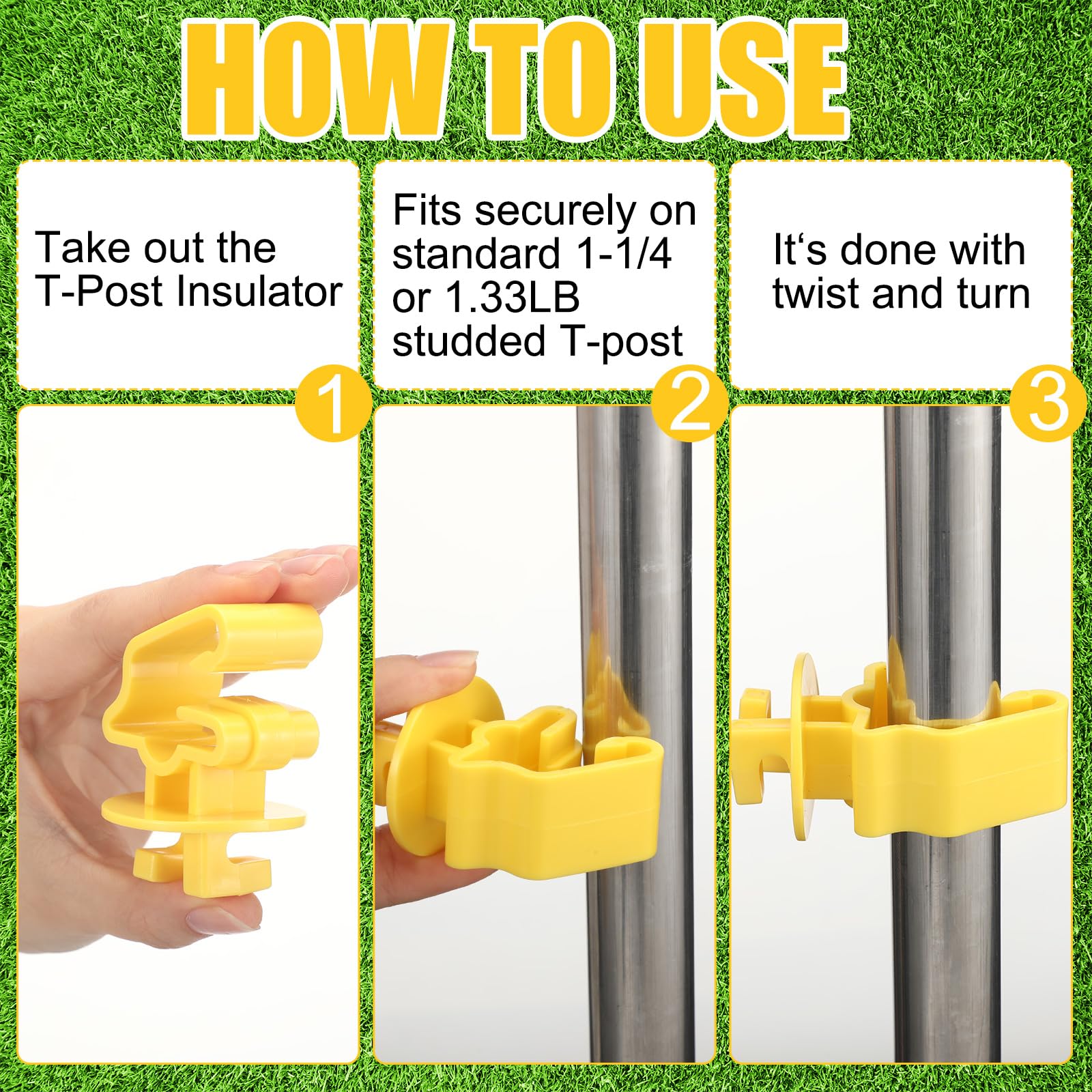 Kanayu yellow T-post insulator mounted on post demonstrating quick installation