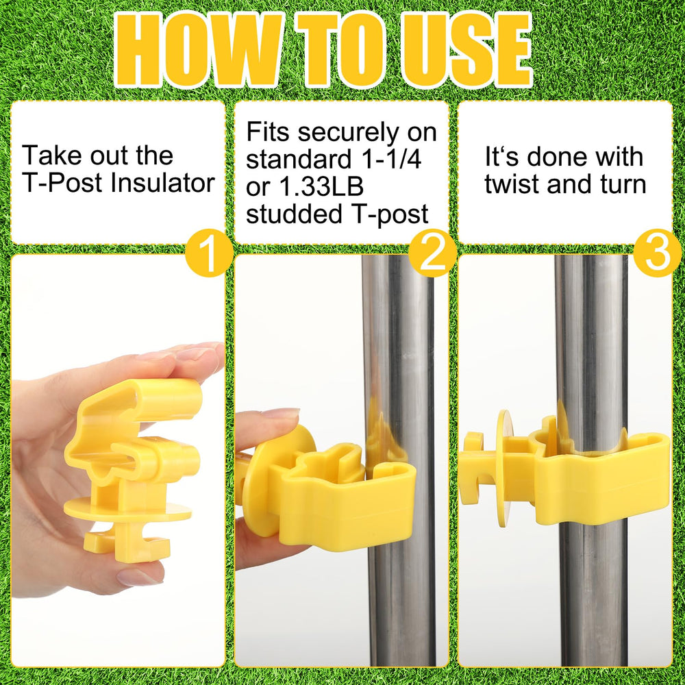 Kanayu yellow T-post insulator mounted on post demonstrating quick installation