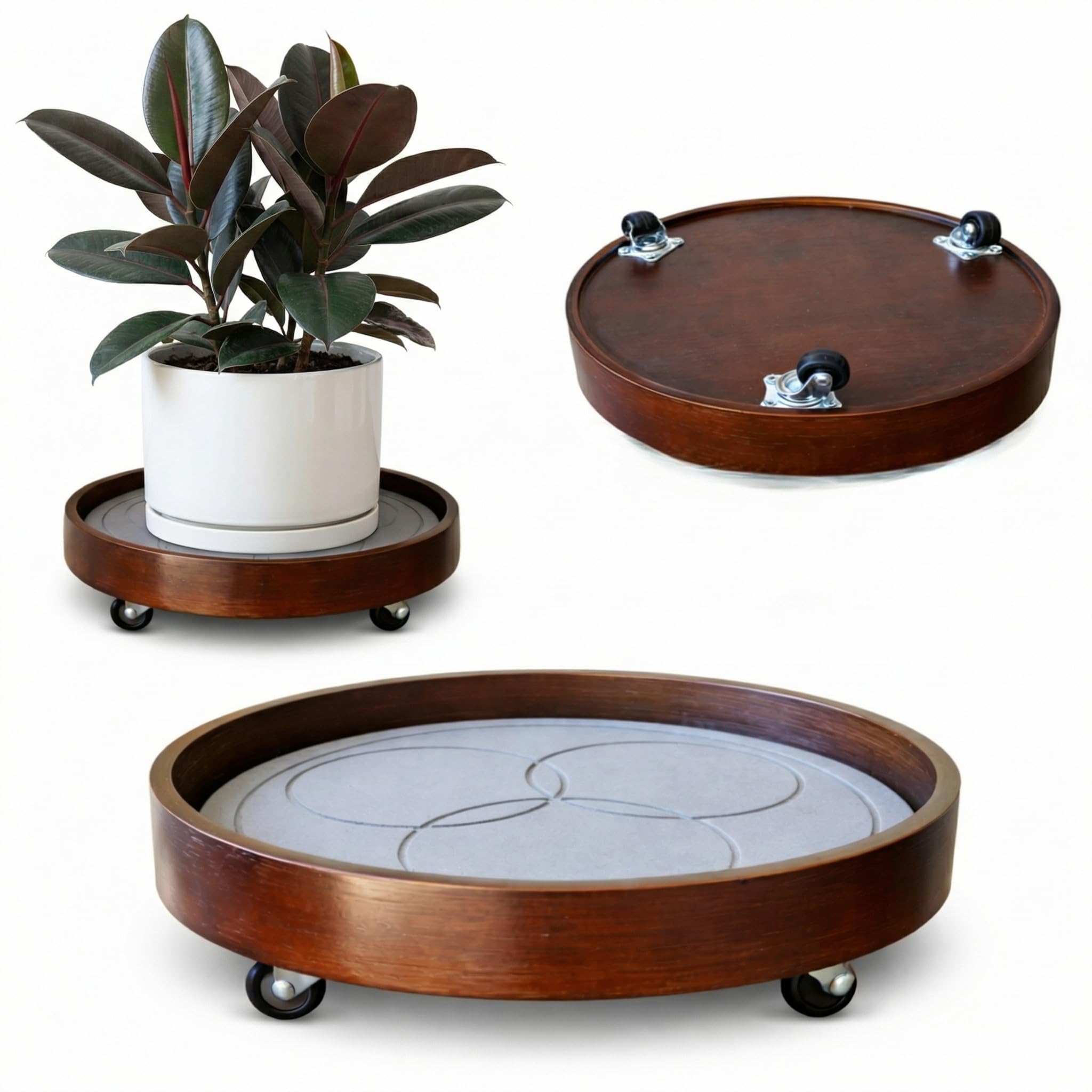 KANDOHAUS bamboo plant caddy front view showing finish and shape, protects floors