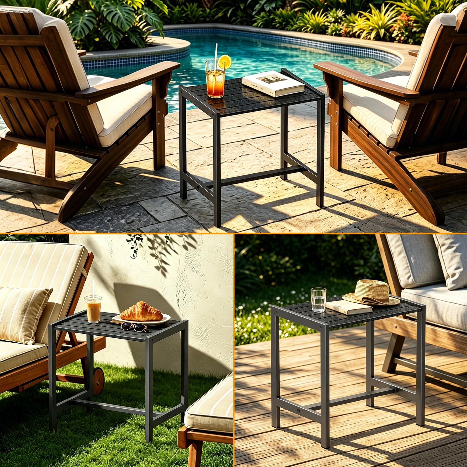 KANEODOT table beside Adirondack chair showing convenient reach and outdoor use