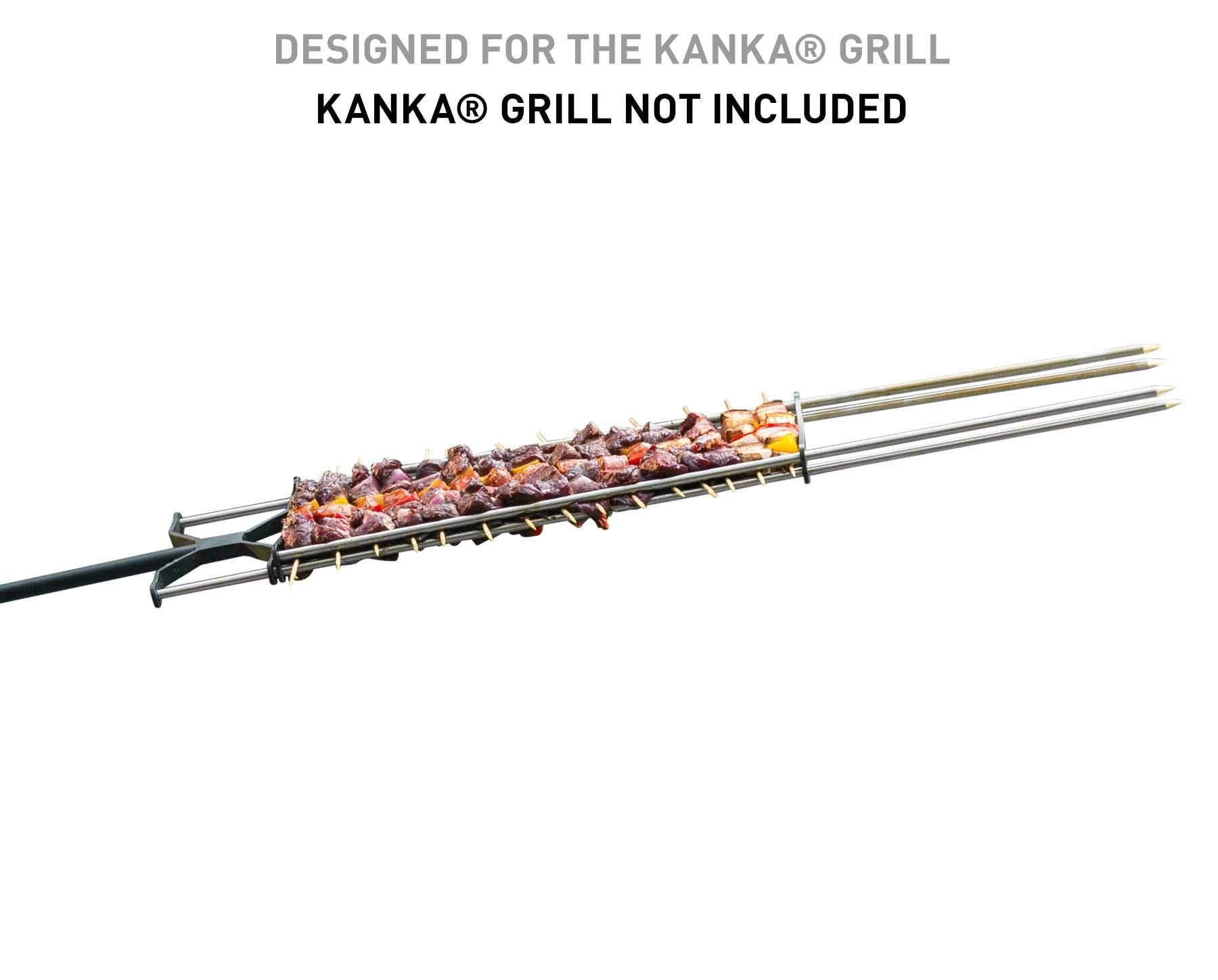KANKA close-up of a 28-inch stainless steel skewer shaft highlighting durable finish