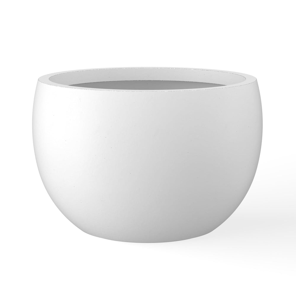 Kante front view of white round planter showing modern shape and curb appeal