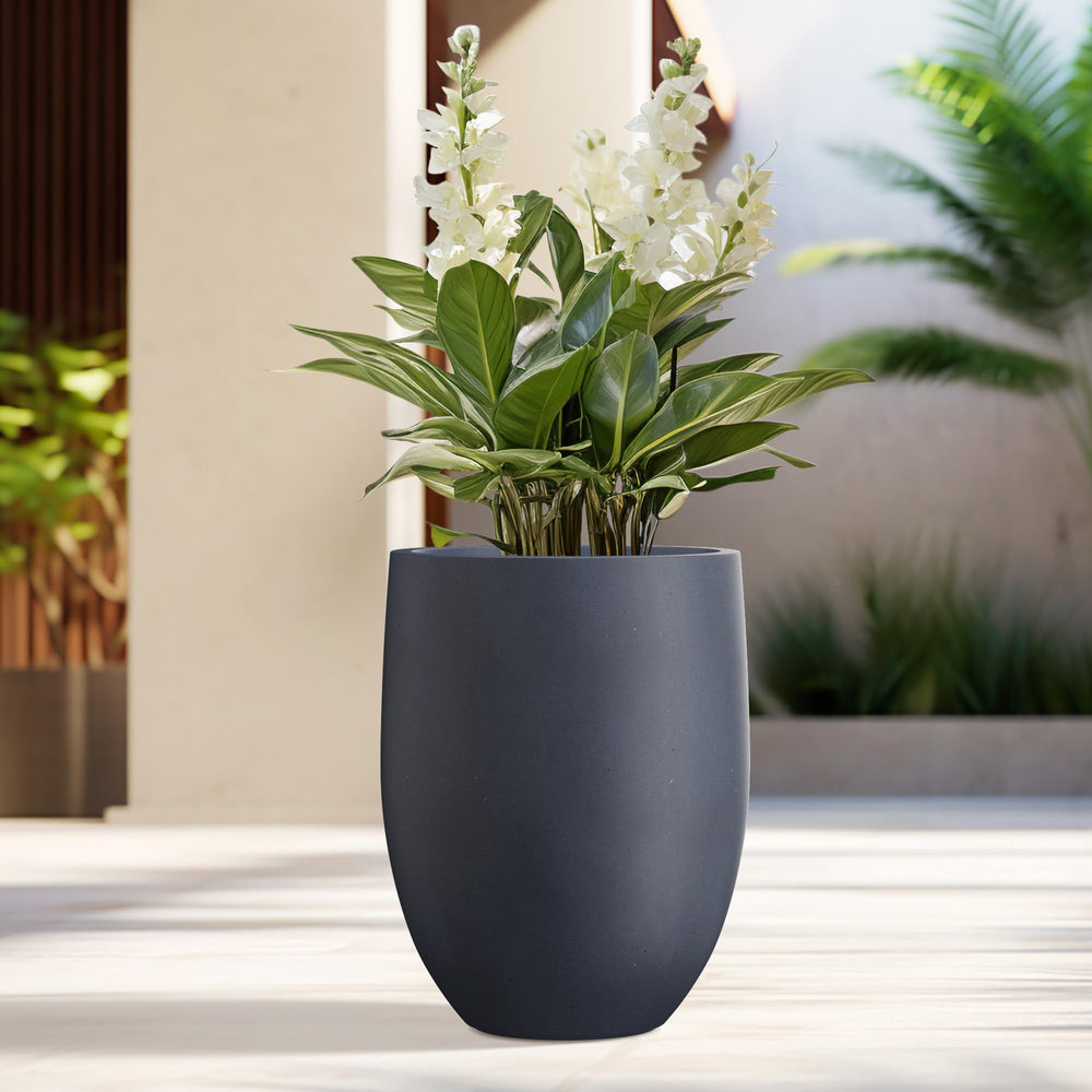 Kante charcoal planter front view showing modern profile and curb appeal