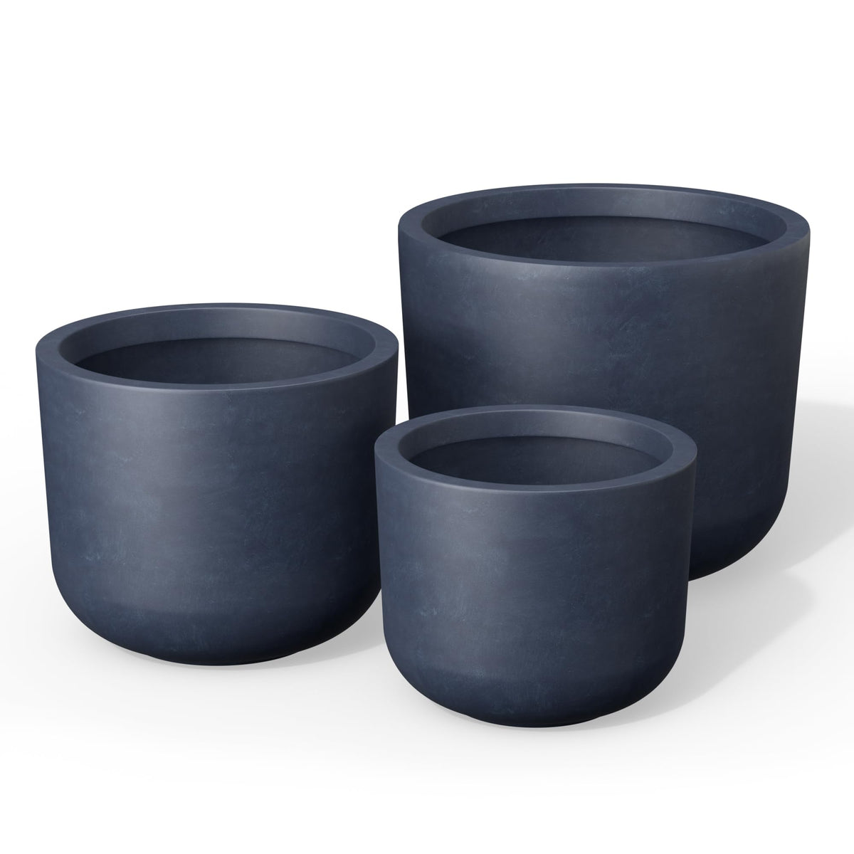 Kante charcoal planters front view showing trio and modern appeal