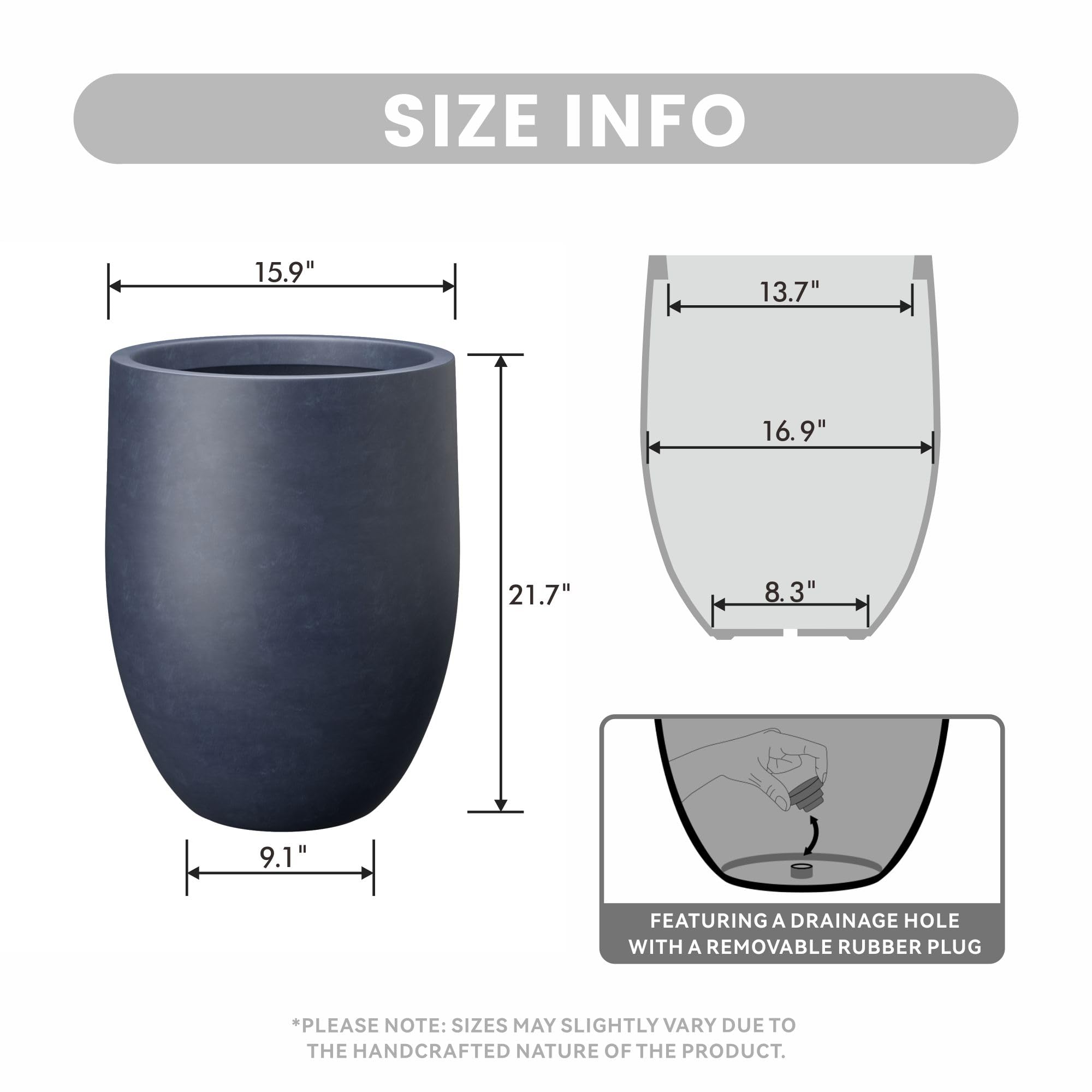 Kante charcoal planter side profile highlighting smooth curves and stability