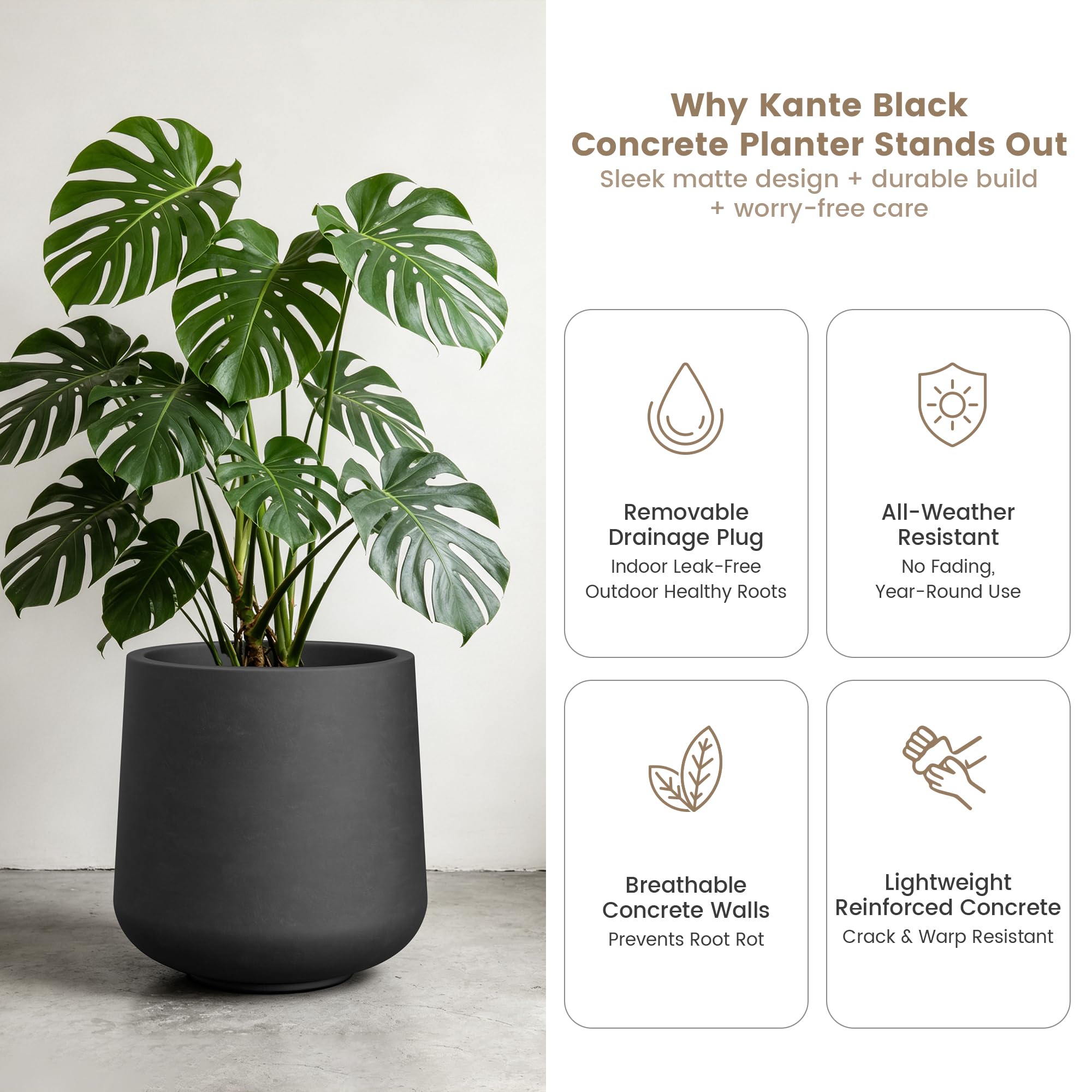 Kante drainage hole with rubber plug for indoor-outdoor flexibility