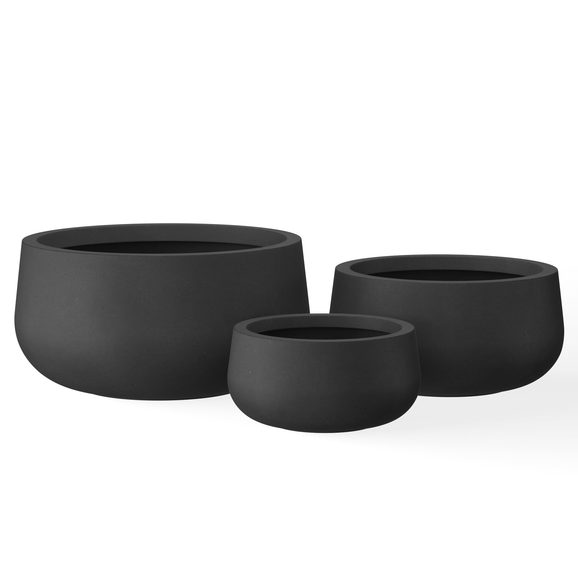 Kante front view of three black bowl planters showcasing modern style and balance