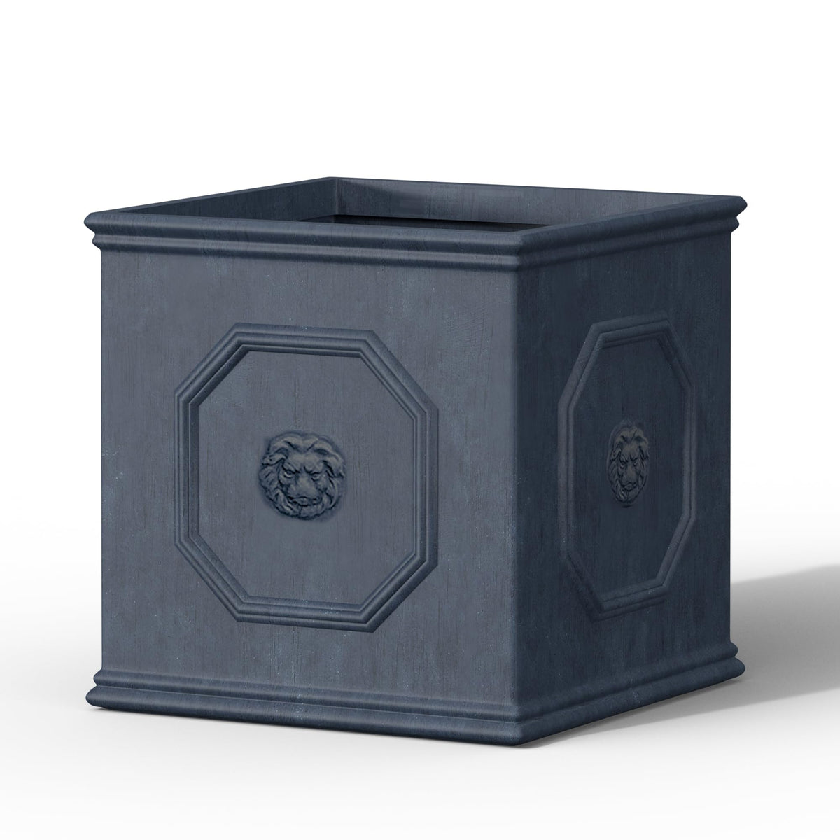 kante front view dusty blue planter with lion head showing elegant curb appeal