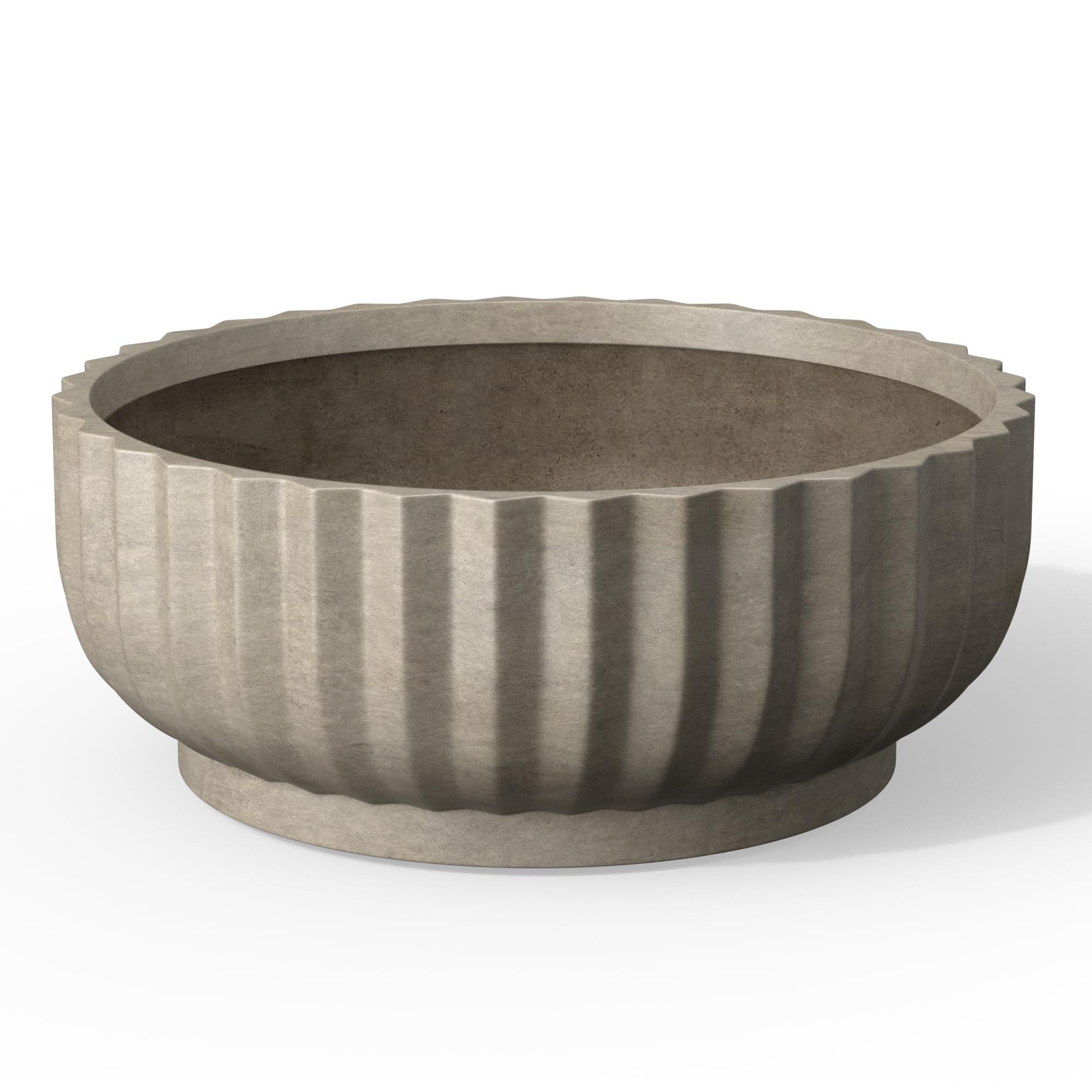 Kante front view of weathered concrete planter showing modern round shape and benefit of clean curb appeal