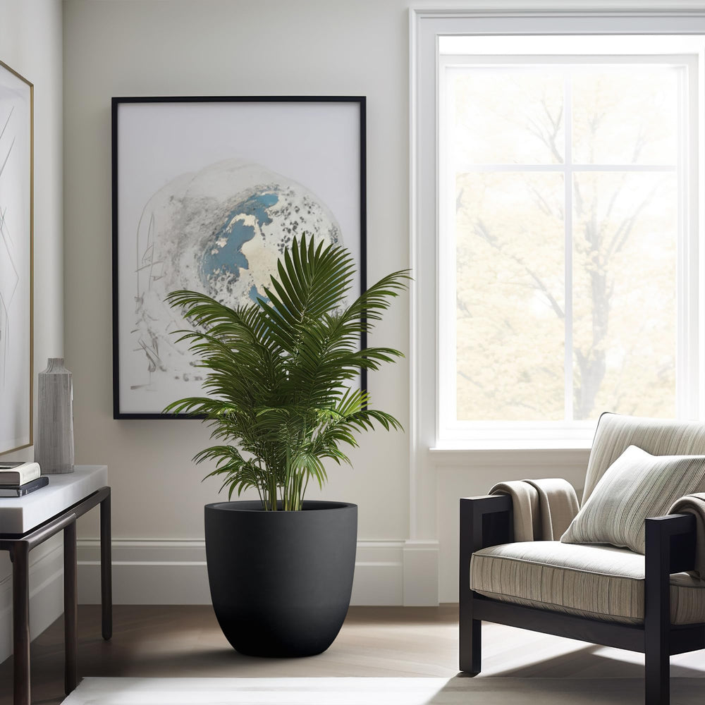 Kante planter next to chair for scale showing 18-inch diameter and easy mobility