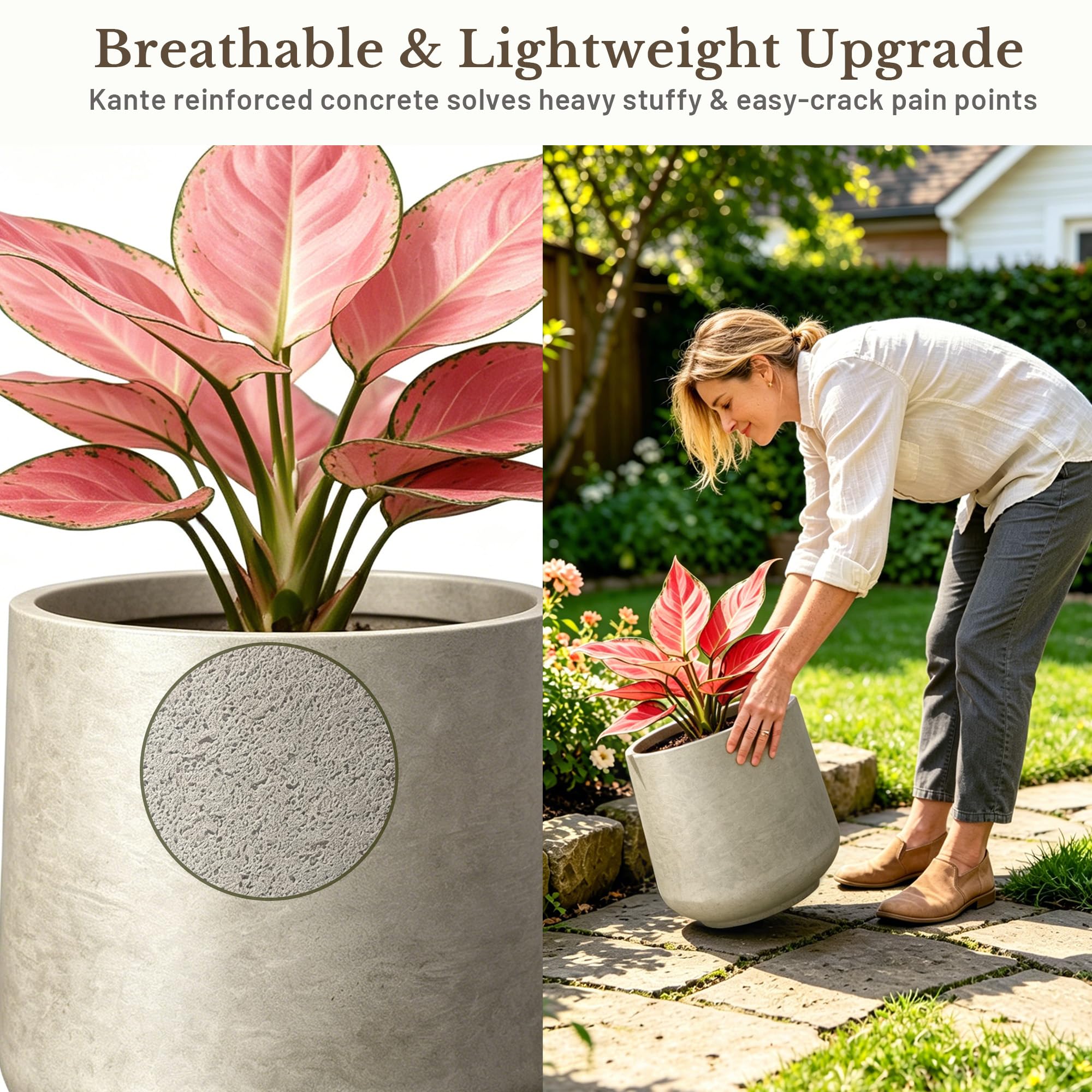 Kante planter size comparison beside hand showing lightweight ease of moving