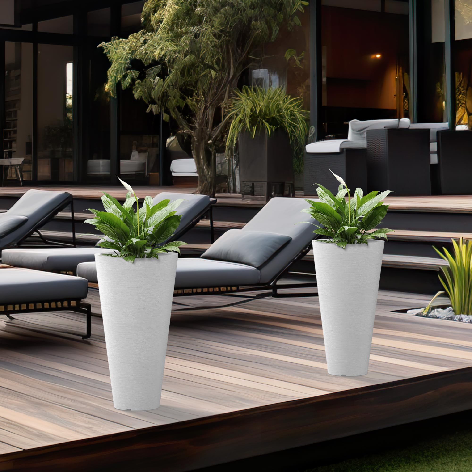 Kante planter with large plant on patio adds instant greenery and durable outdoor use
