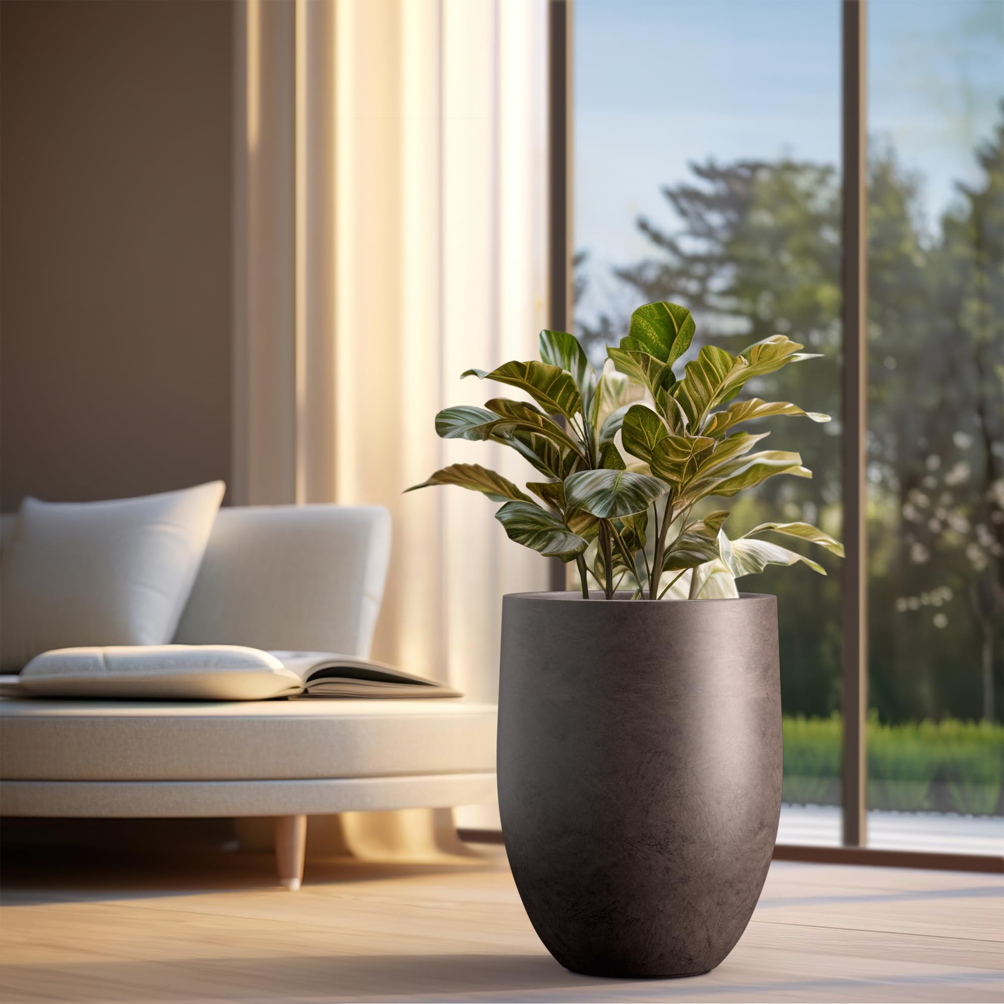 Kante planter holding a tall ornamental plant on patio offering visual anchor