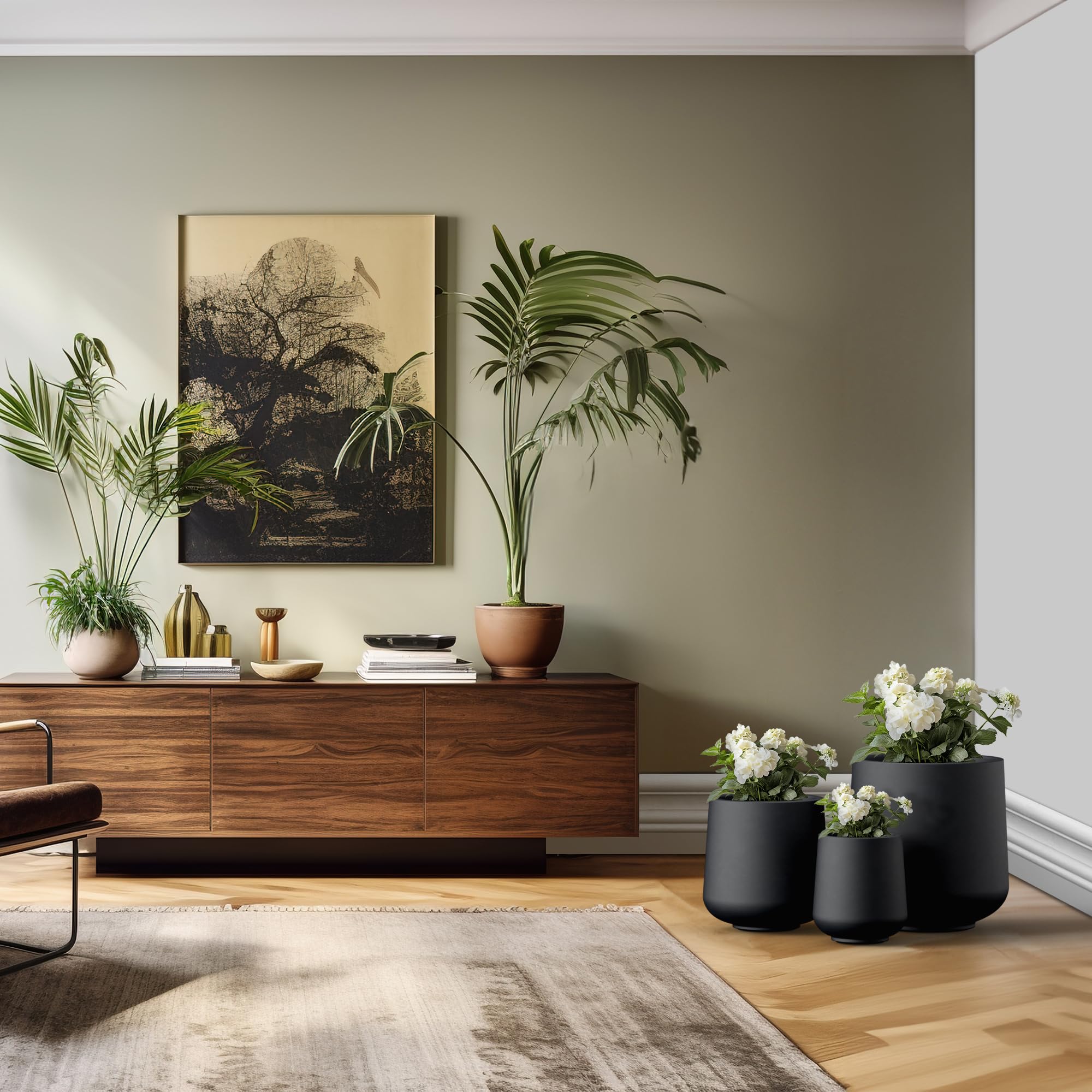 Kante planters next to chair for scale showing generous sizing and easy placement
